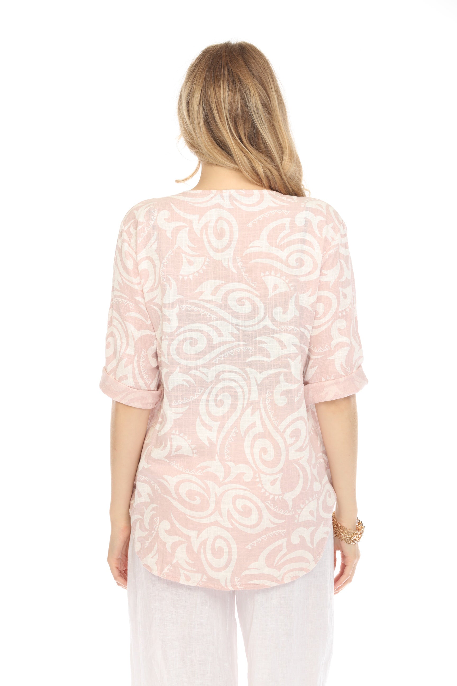 Light Pink Spiral Print V-Neck Button Detail Top