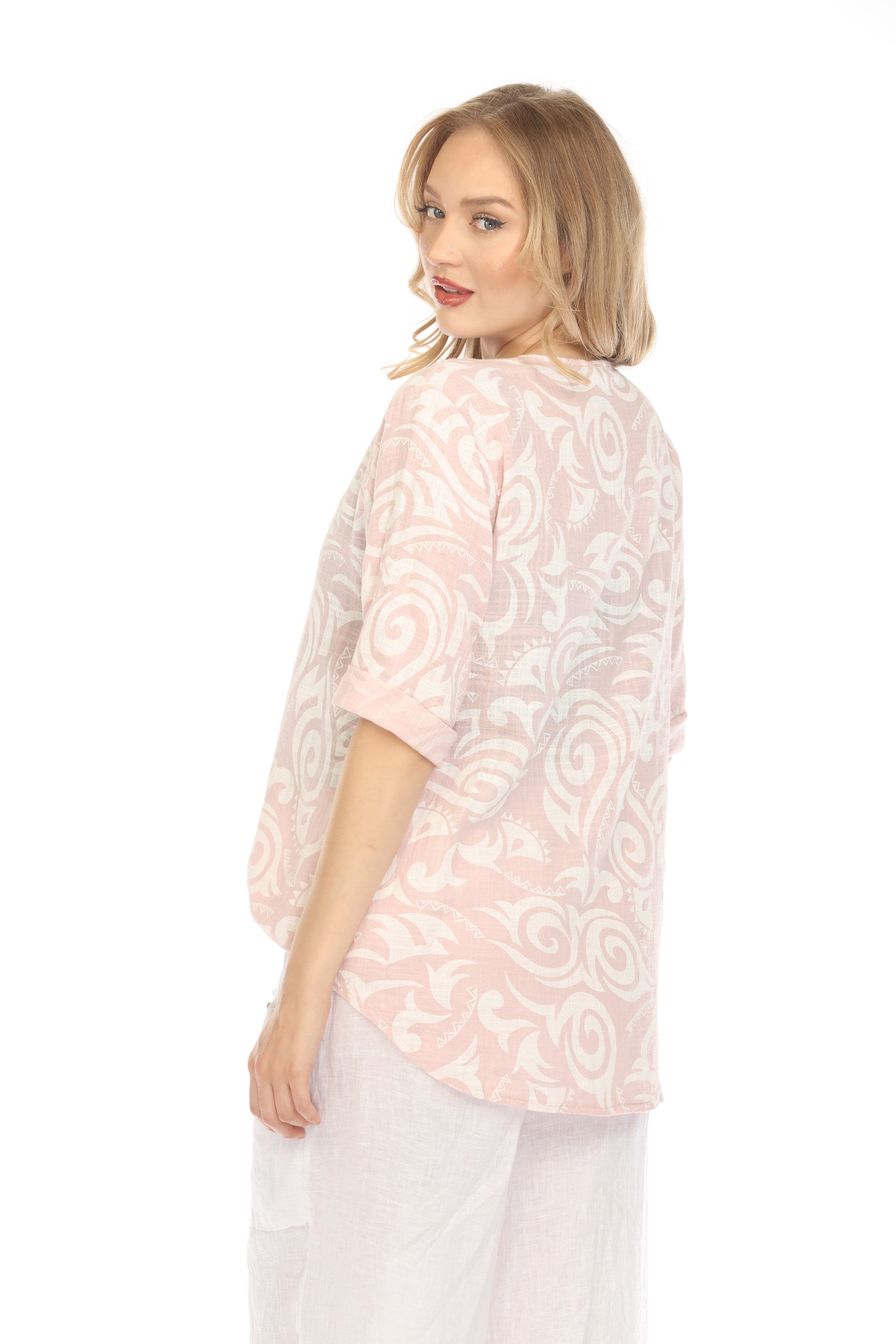 Light Pink Spiral Print V-Neck Button Detail Top