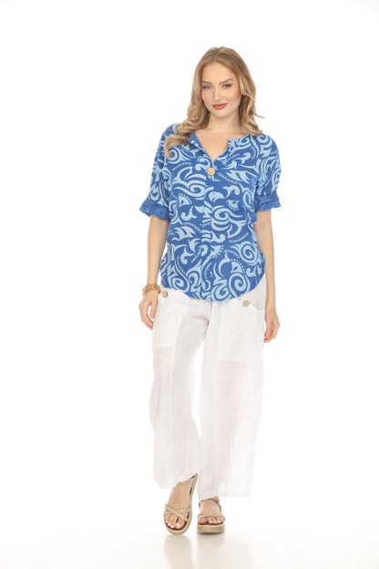 Royal Blue Spiral Print V-Neck Button Detail Top
