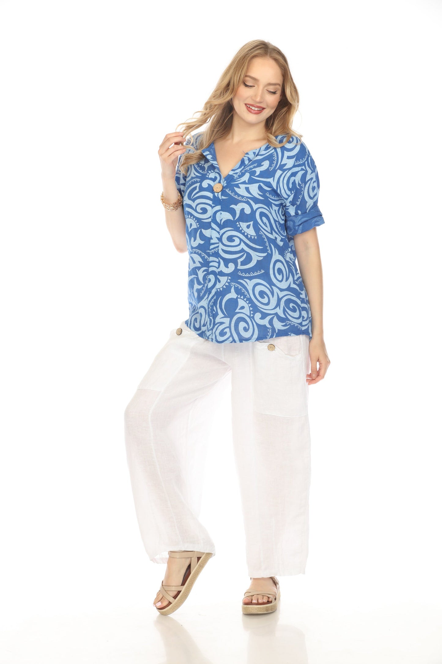 Royal Blue Spiral Print V-Neck Button Detail Top