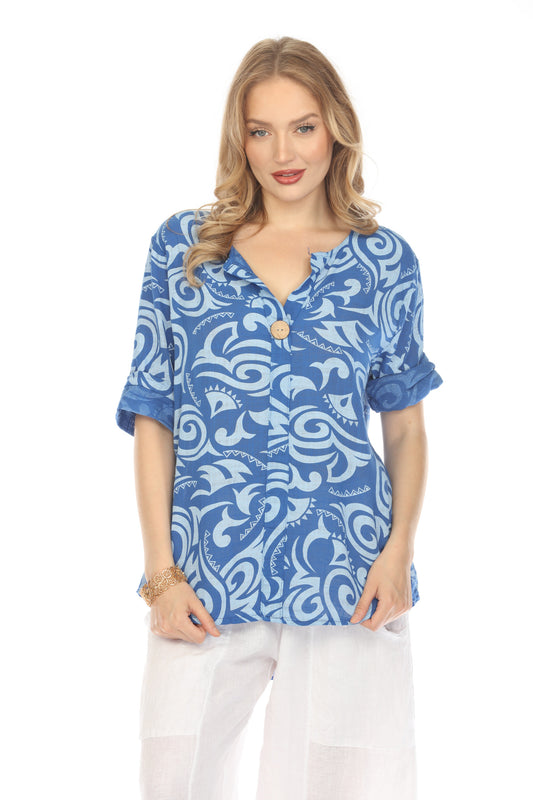 Royal Blue Spiral Print V-Neck Button Detail Top