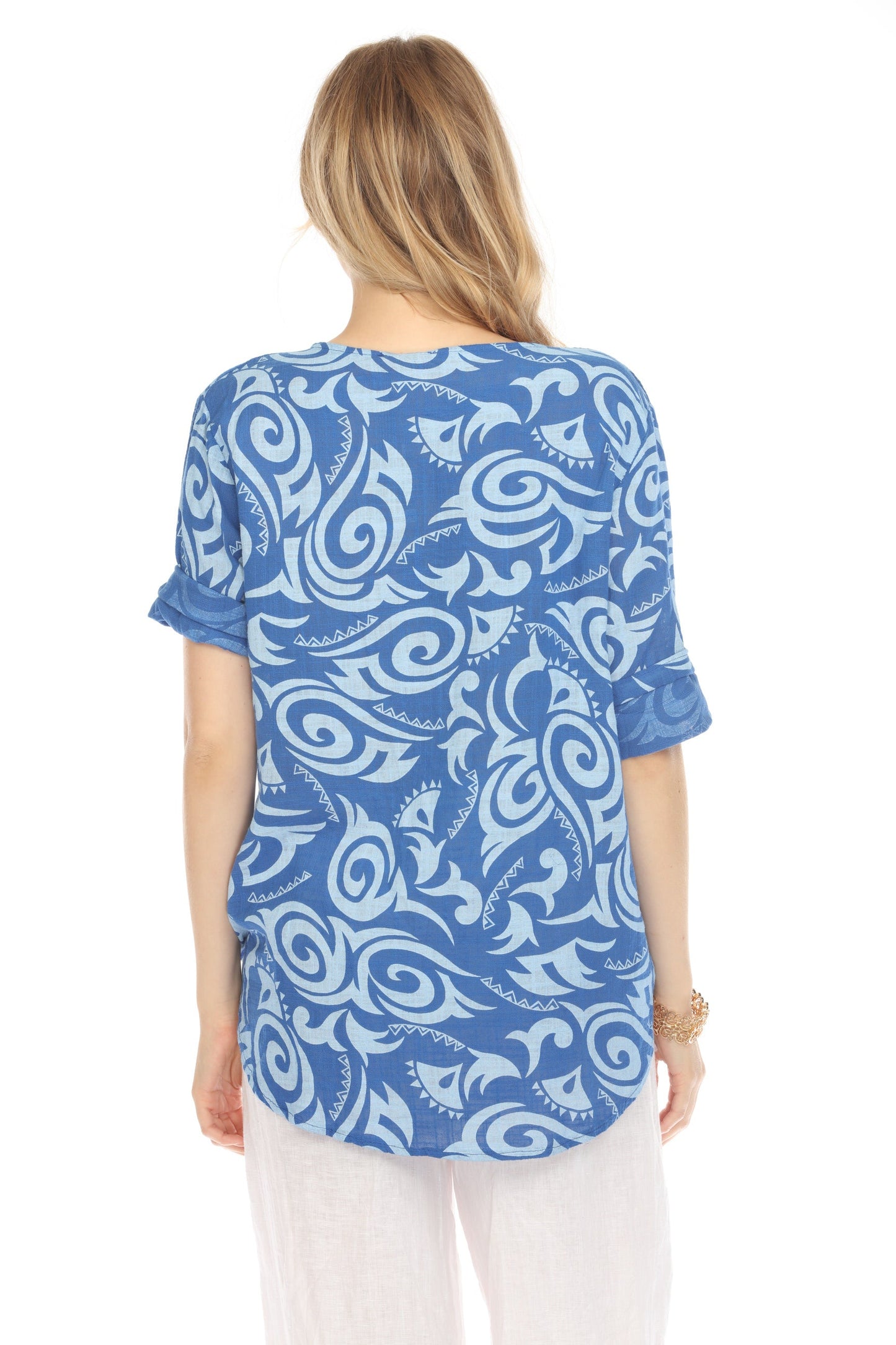 Royal Blue Spiral Print V-Neck Button Detail Top