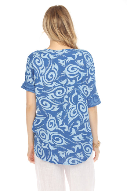 Royal Blue Spiral Print V-Neck Button Detail Top