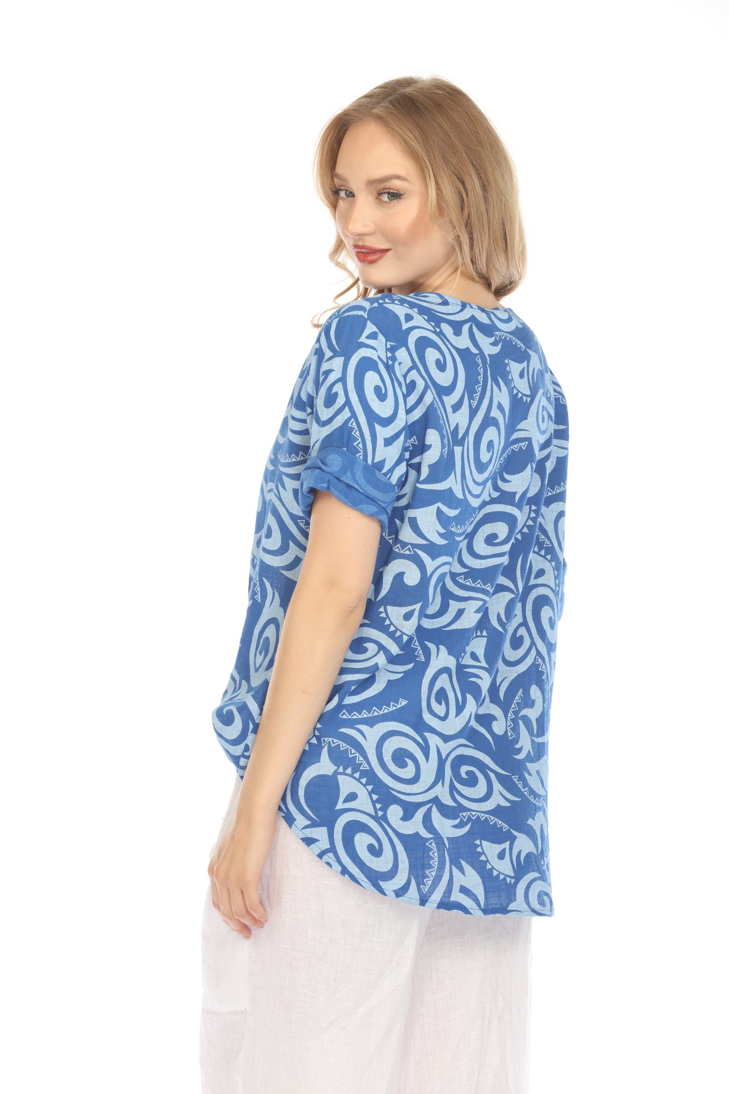 Royal Blue Spiral Print V-Neck Button Detail Top
