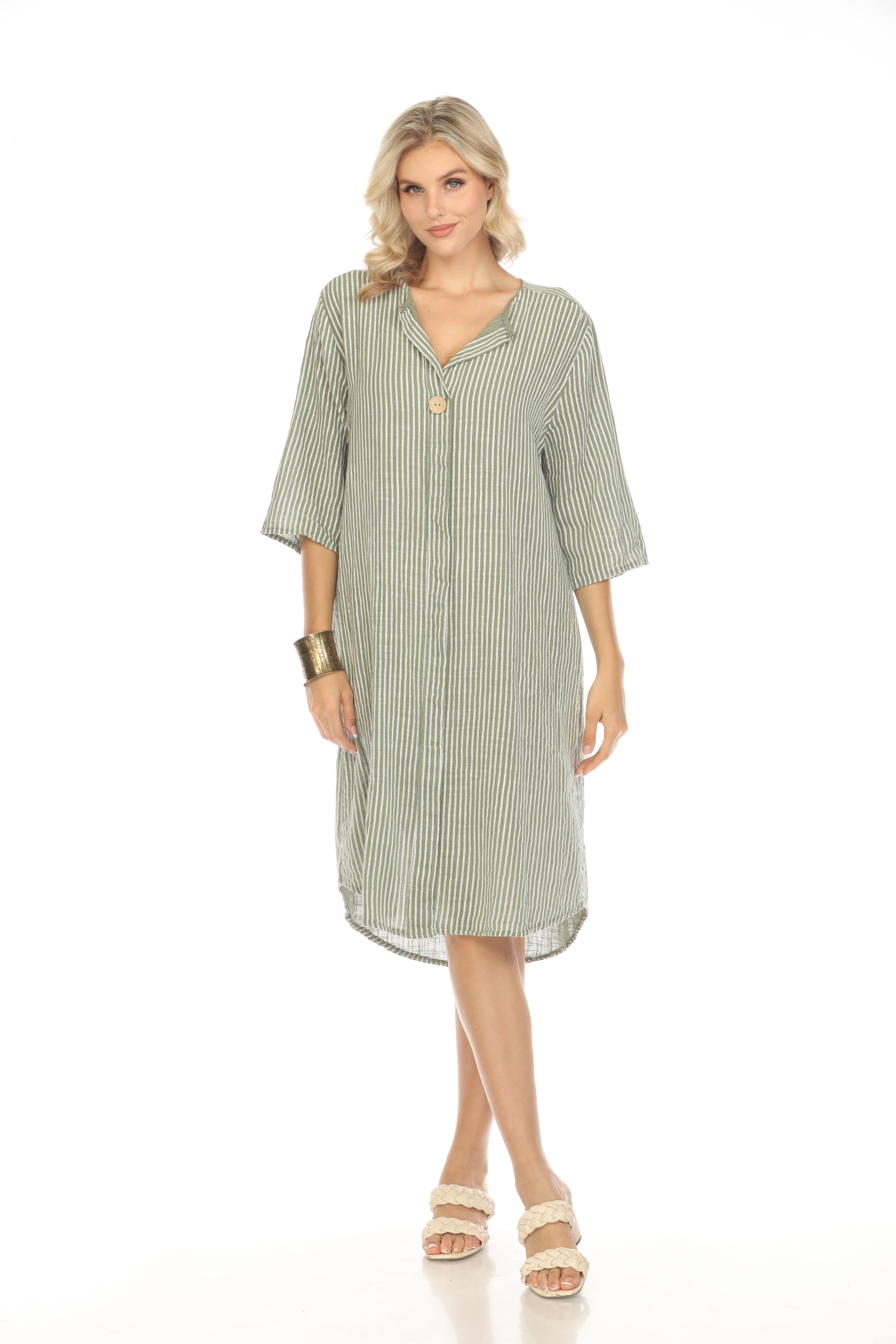 Moss Green Striped Quarter Sleeves Dress