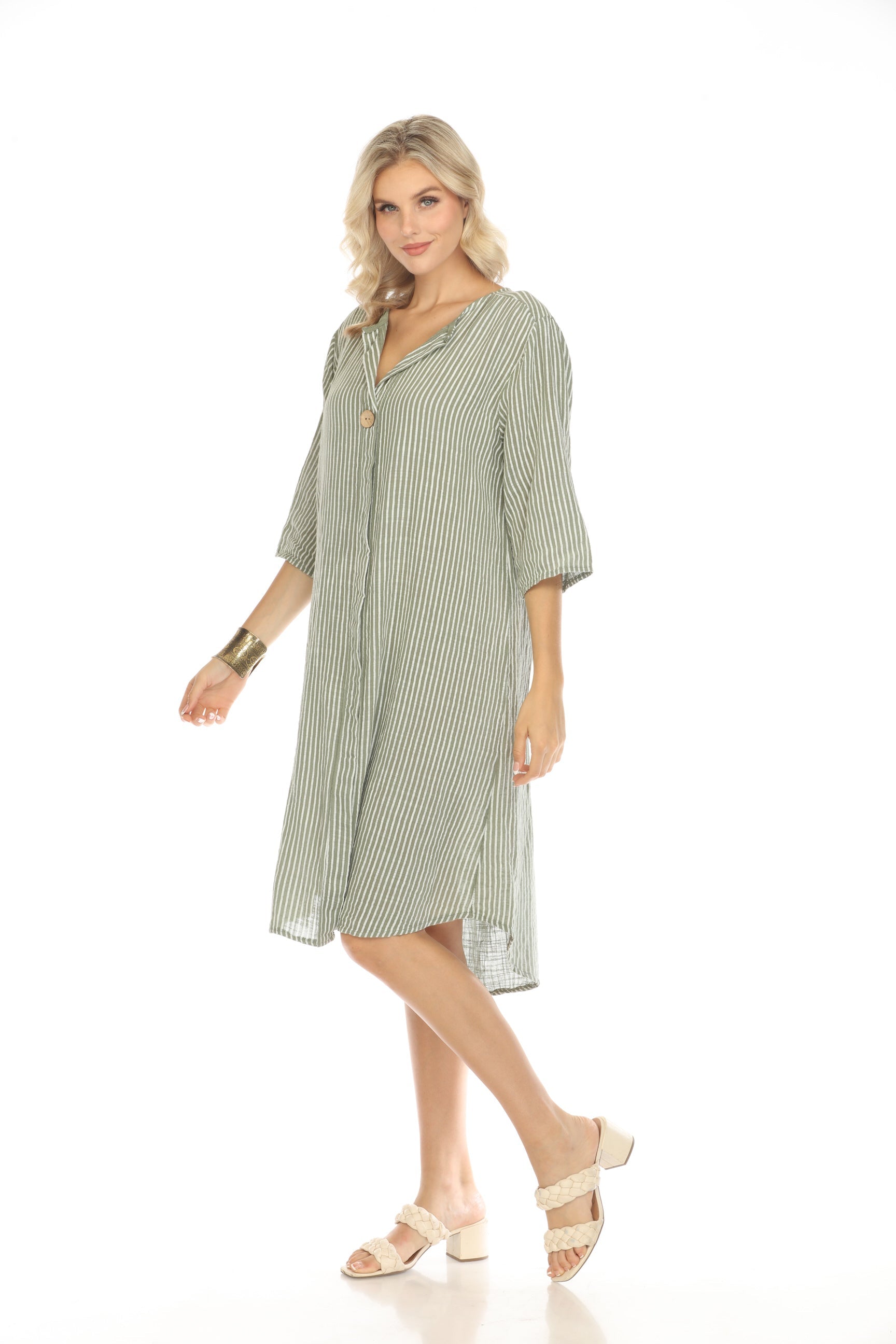 Moss Green Striped Quarter Sleeves Dress