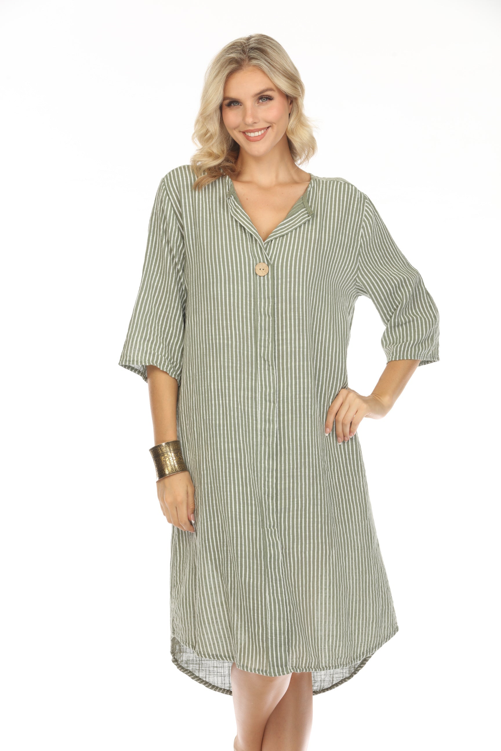 Moss Green Striped Quarter Sleeves Dress