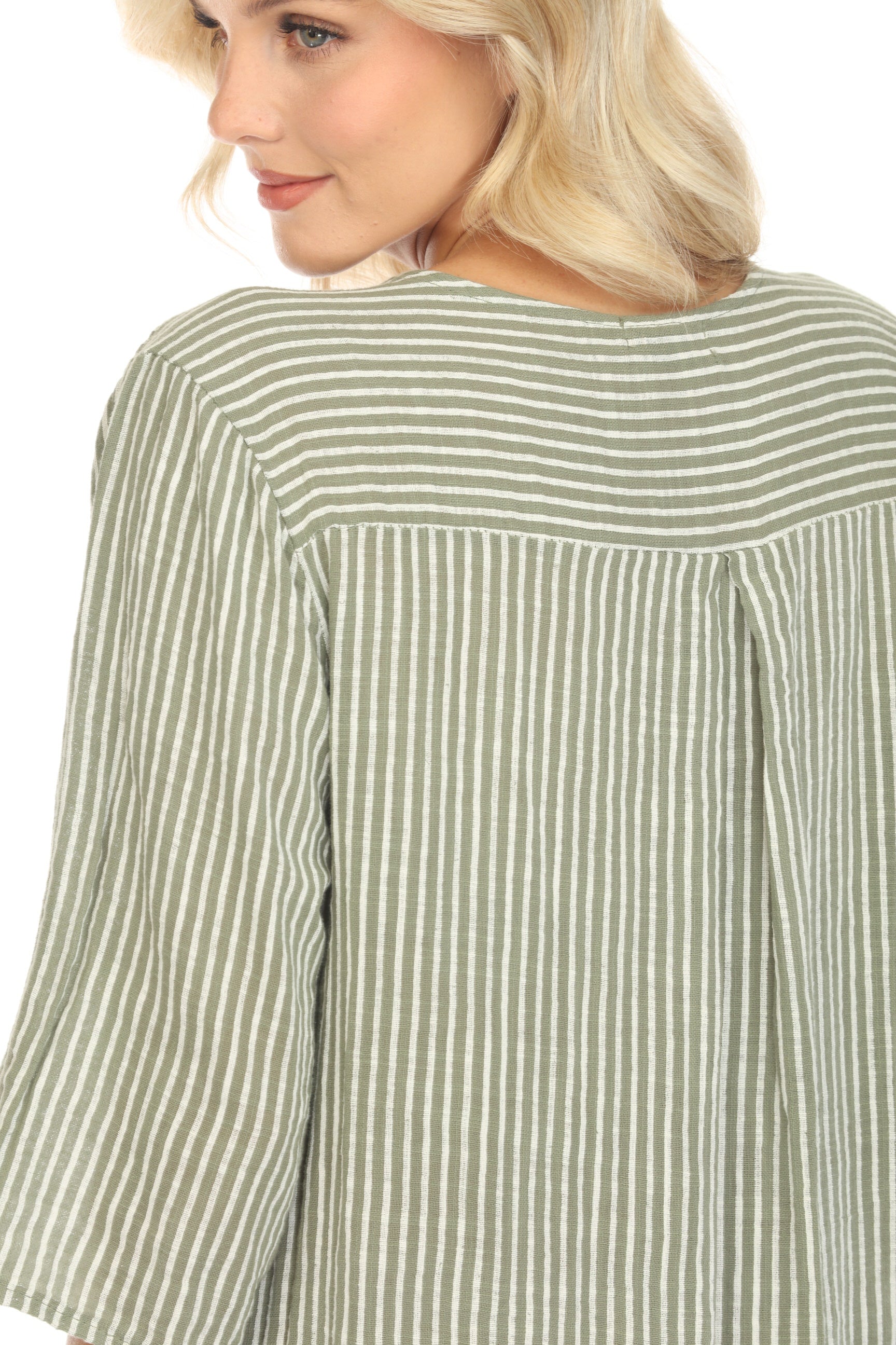 Moss Green Striped Quarter Sleeves Dress