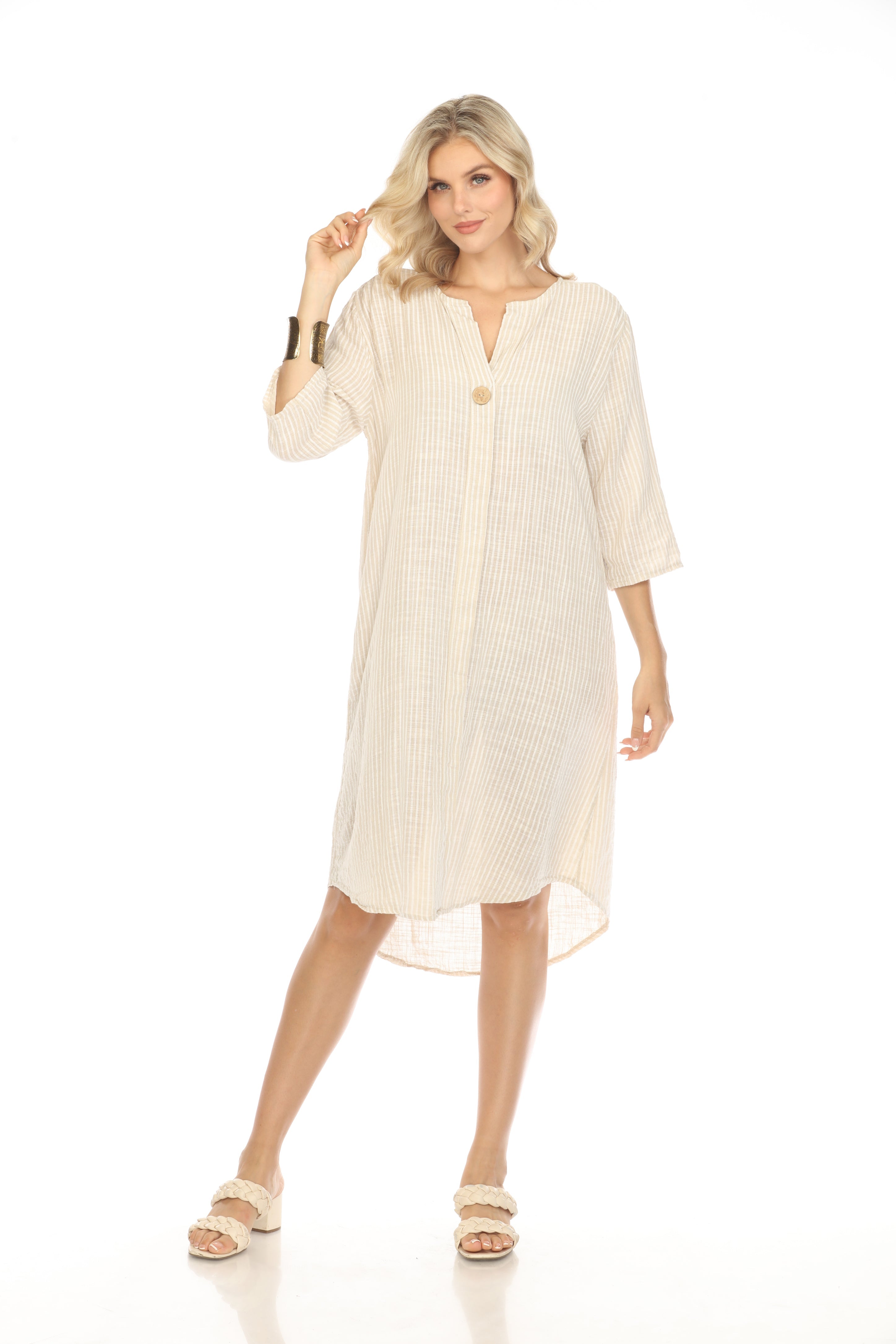 Beige Striped Quarter Sleeves Dress