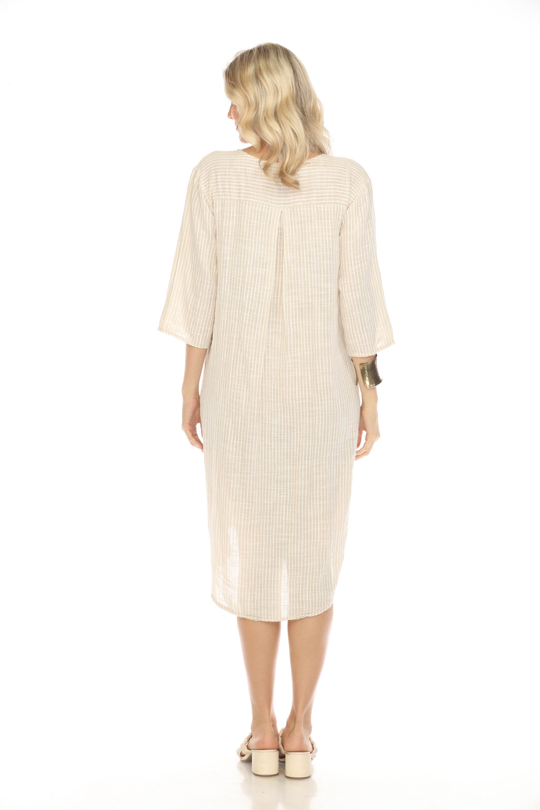 Beige Striped Quarter Sleeves Dress