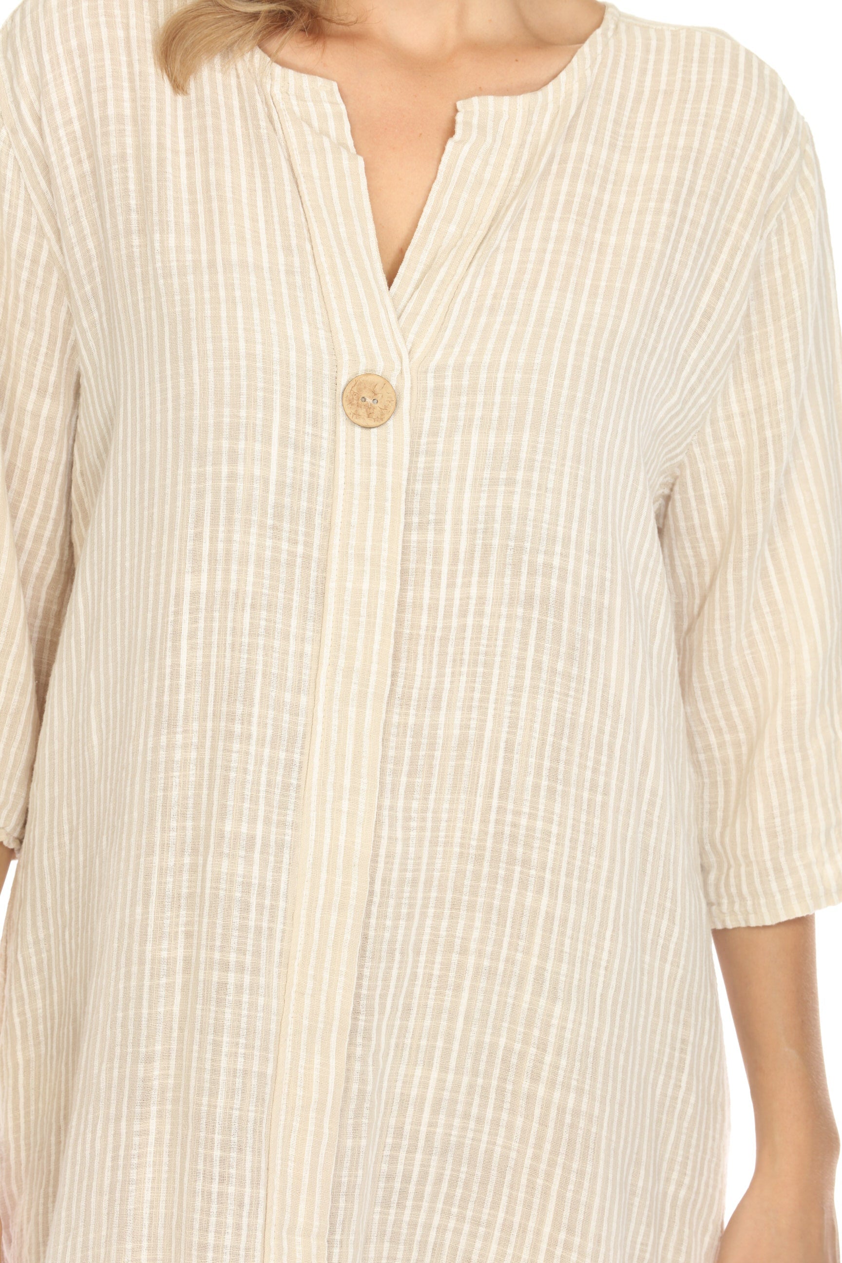 Beige Striped Quarter Sleeves Dress