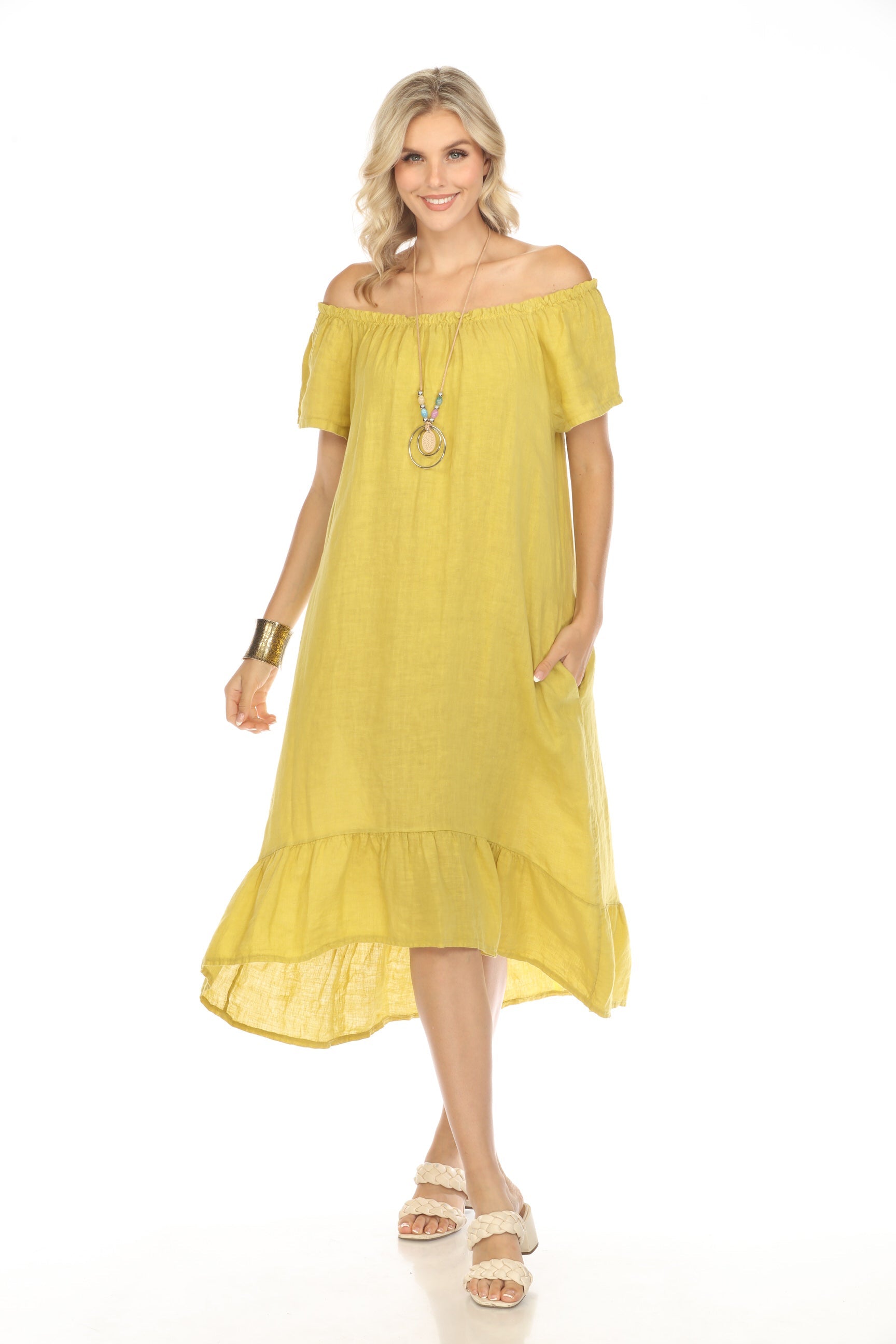 Mustard Dress with Elastic Neck and Ruffles Hem