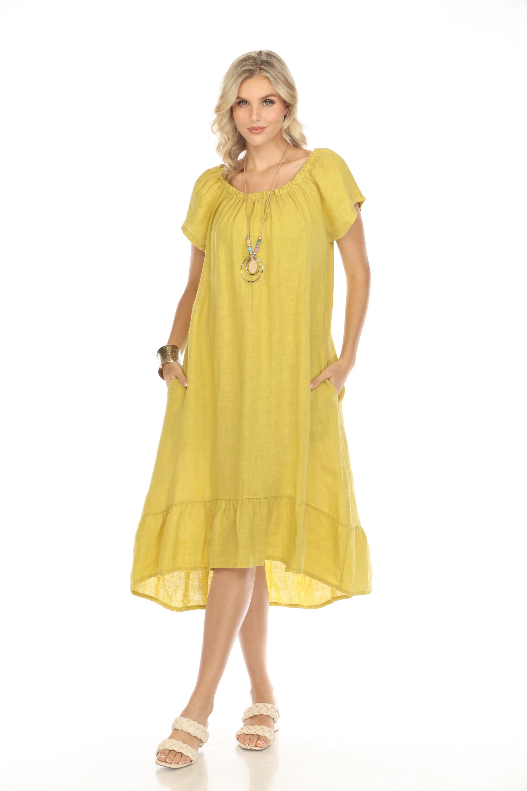 Mustard Dress with Elastic Neck and Ruffles Hem