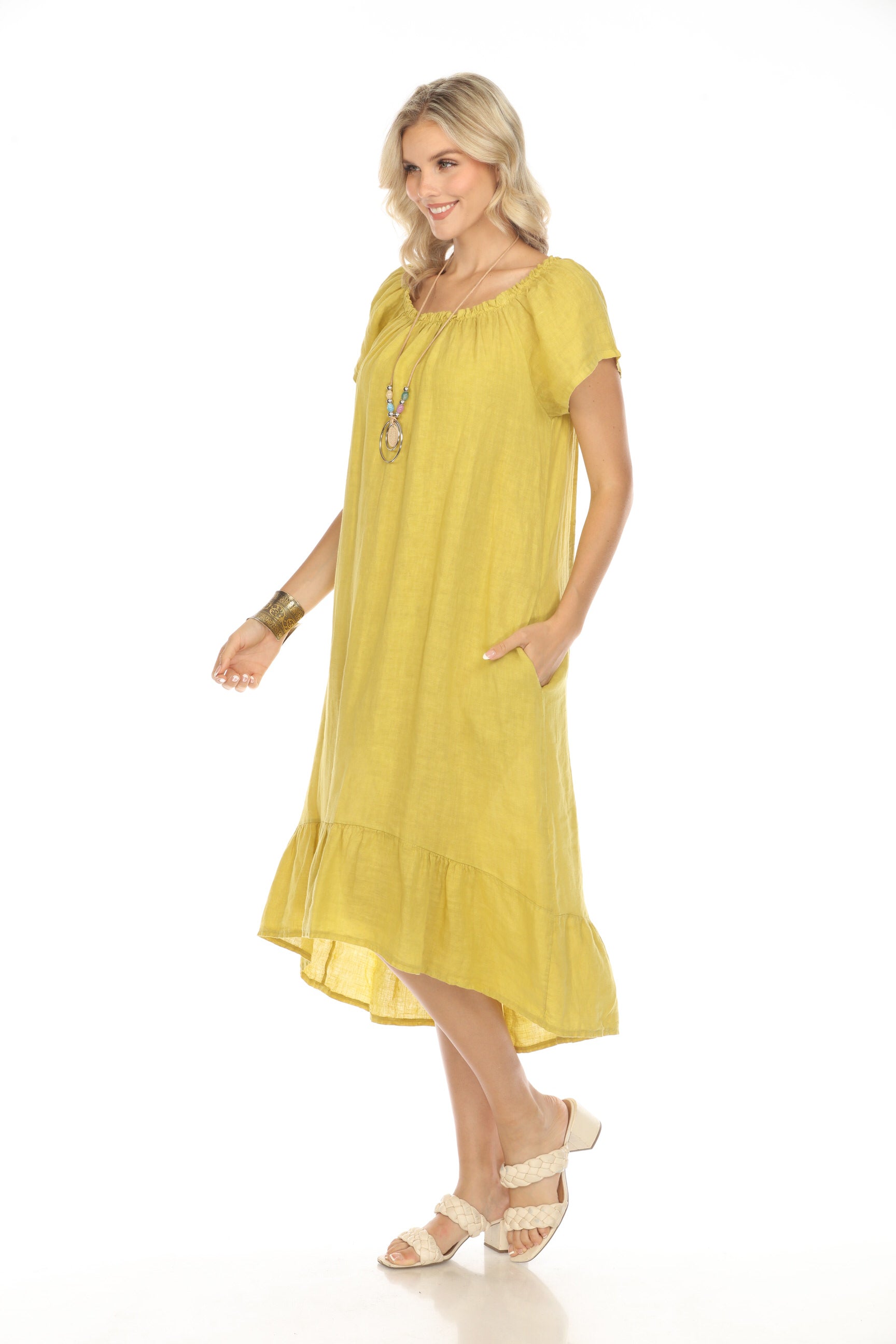 Mustard Dress with Elastic Neck and Ruffles Hem