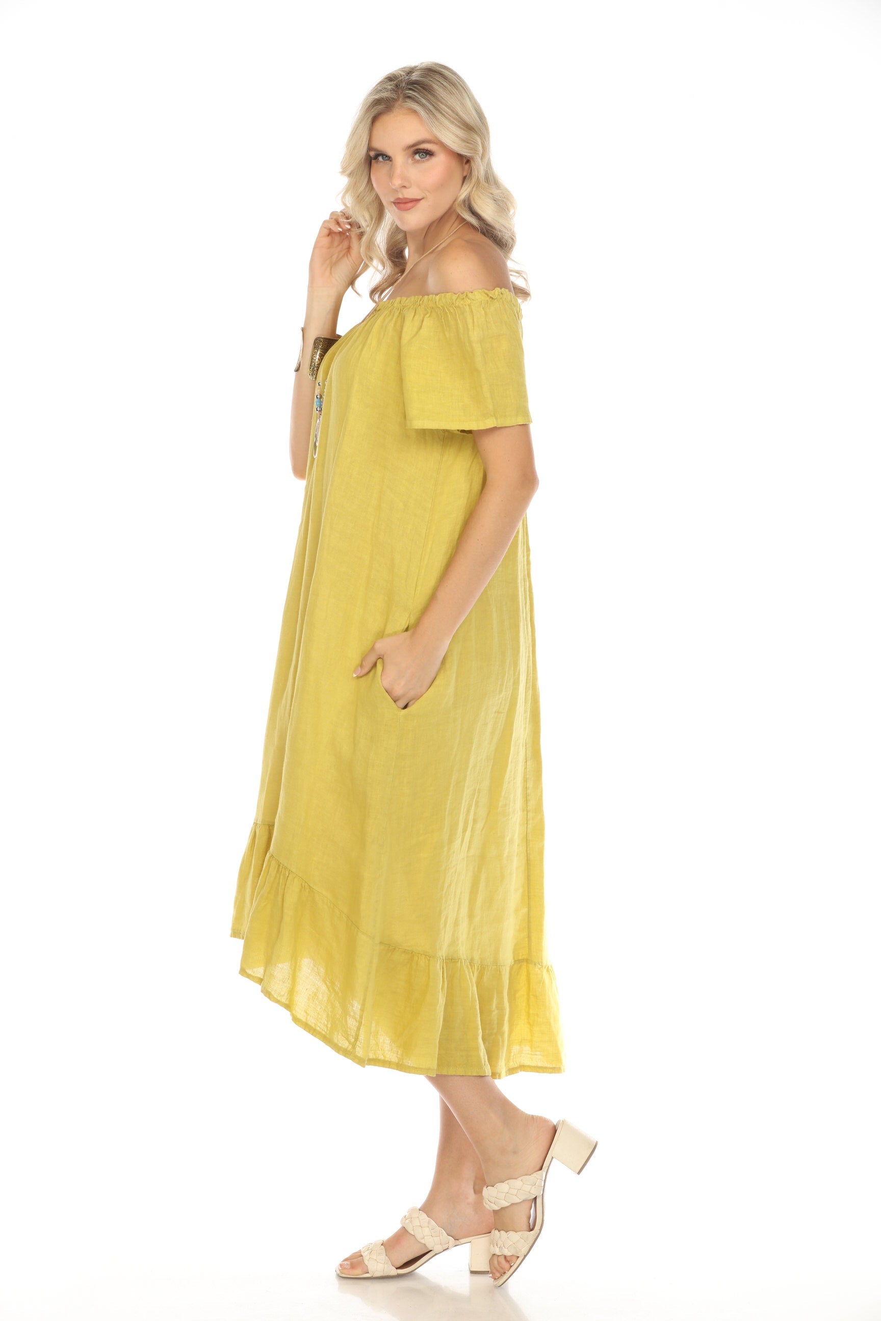 Mustard Dress with Elastic Neck and Ruffles Hem