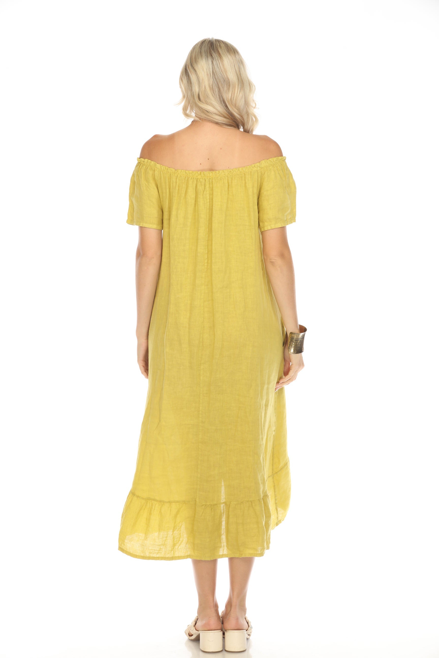 Mustard Dress with Elastic Neck and Ruffles Hem