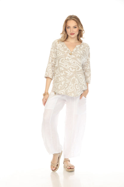 Taupe Spiral Print V-Neck Button Detail Top