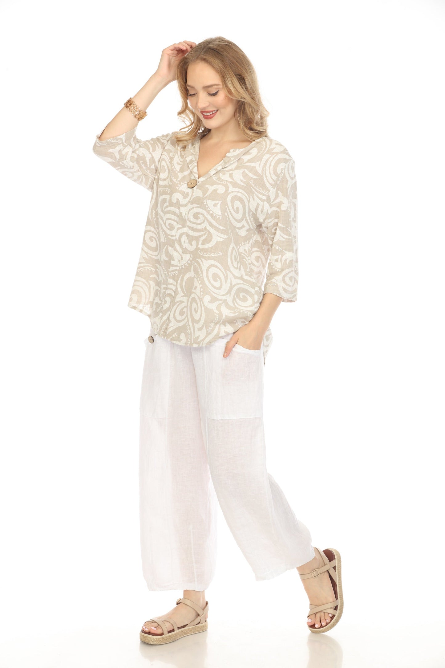 Taupe Spiral Print V-Neck Button Detail Top