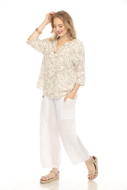 Taupe Spiral Print V-Neck Button Detail Top