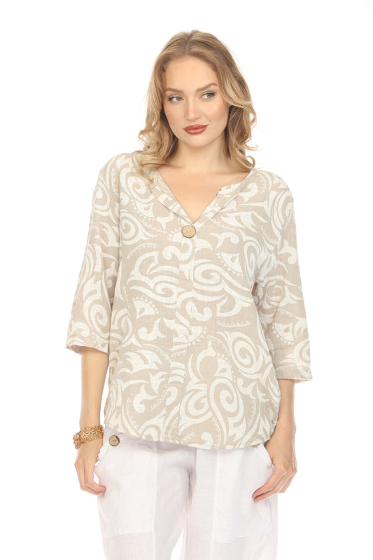 Taupe Spiral Print V-Neck Button Detail Top