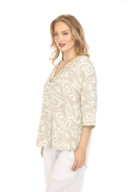 Taupe Spiral Print V-Neck Button Detail Top