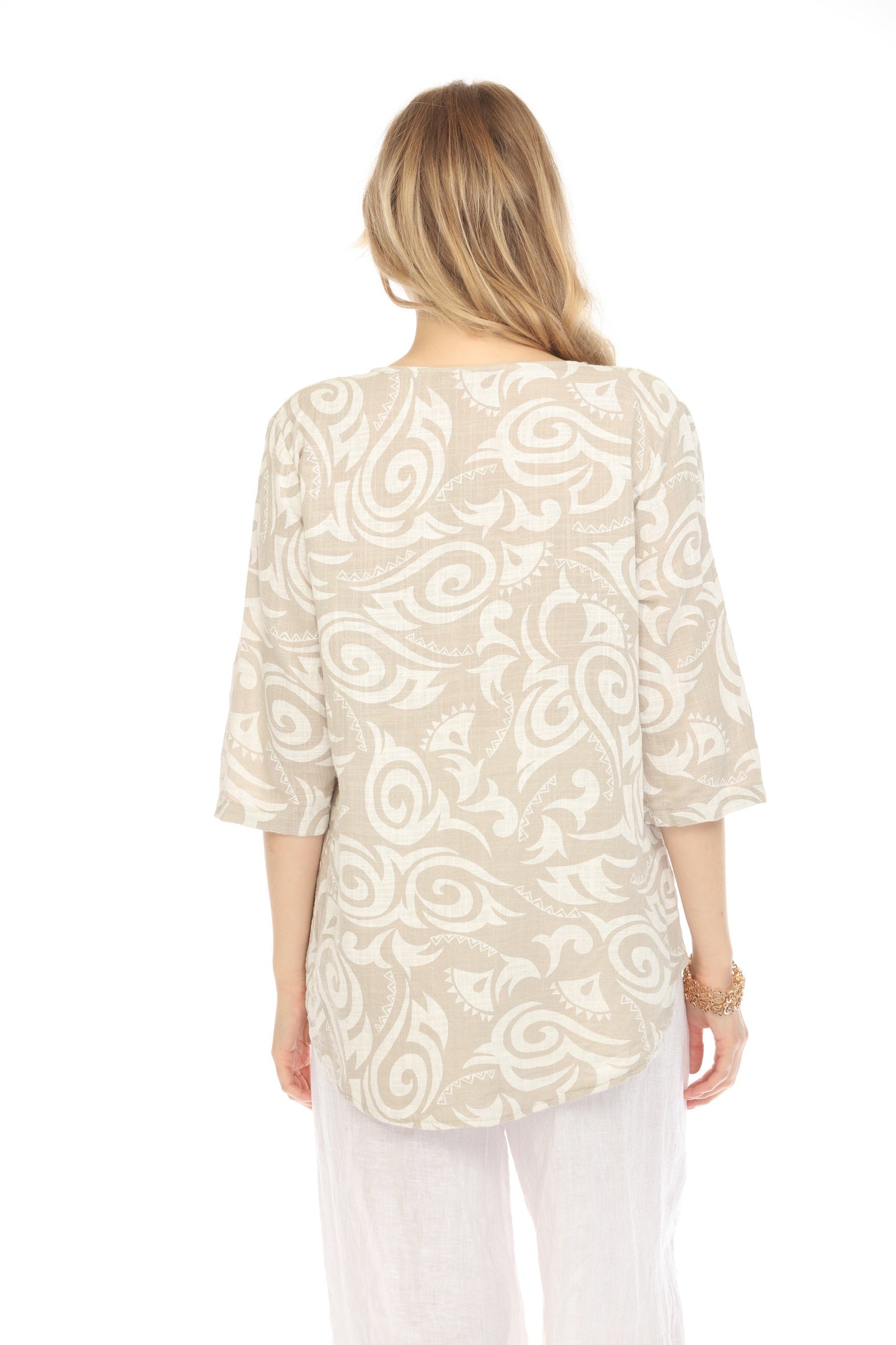 Taupe Spiral Print V-Neck Button Detail Top