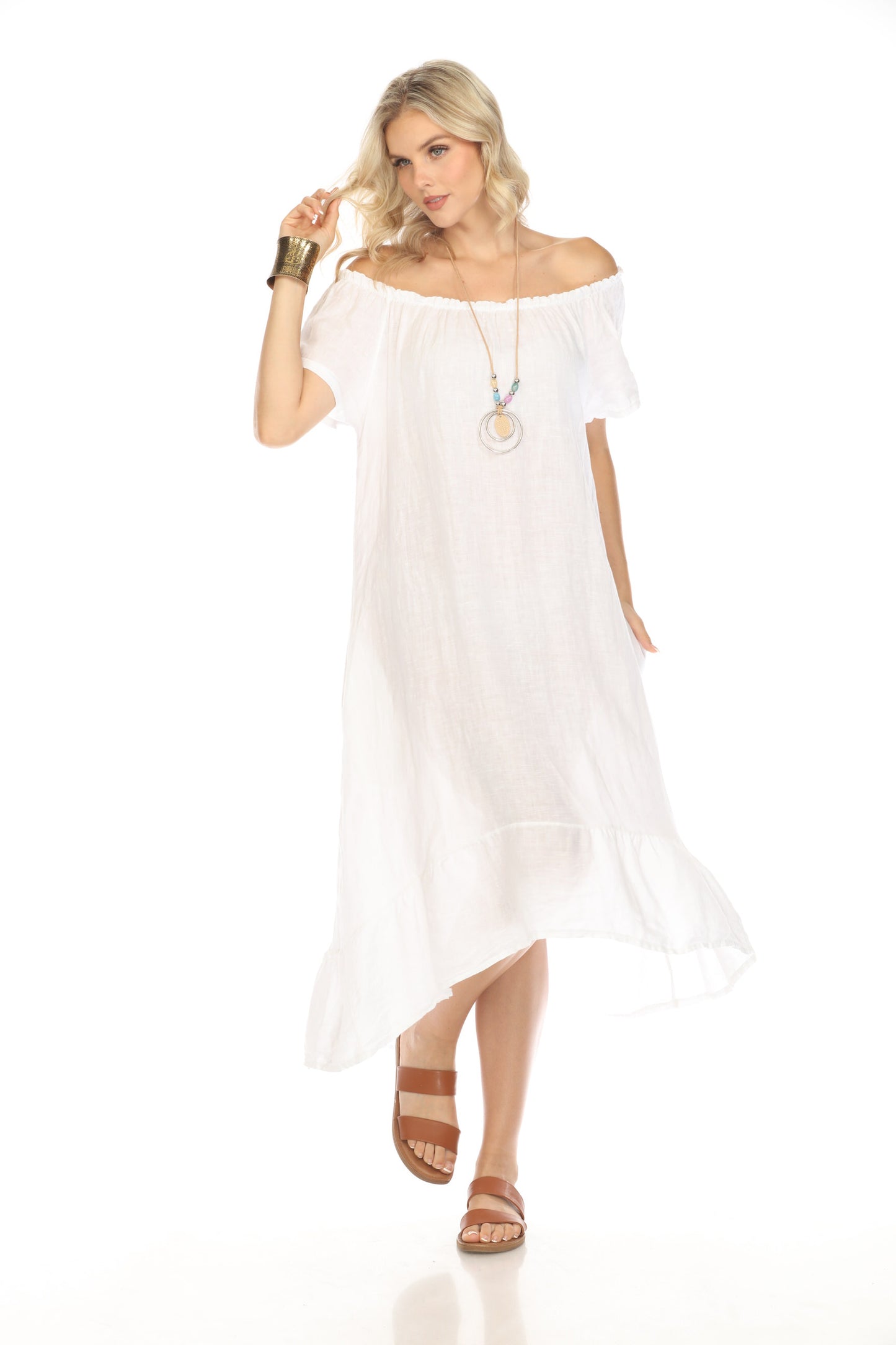 White Dress with Elastic Neck and Ruffles Hem