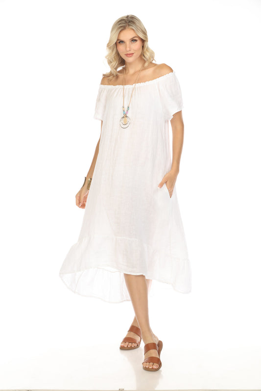 White Dress with Elastic Neck and Ruffles Hem