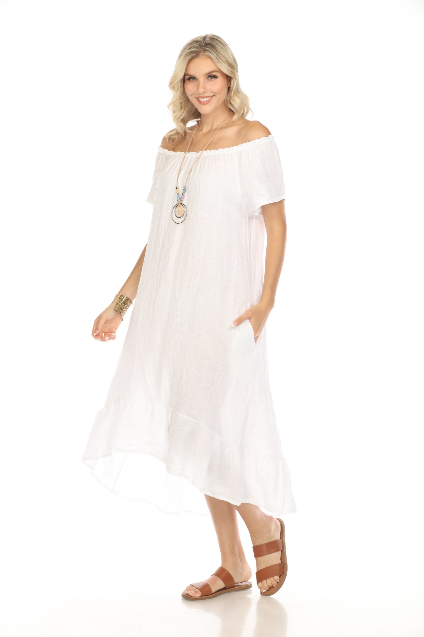 White Dress with Elastic Neck and Ruffles Hem