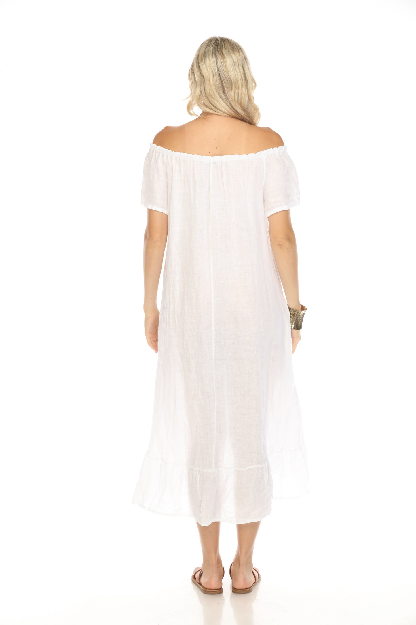 White Dress with Elastic Neck and Ruffles Hem