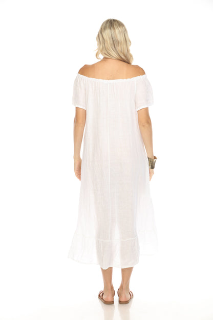 White Dress with Elastic Neck and Ruffles Hem
