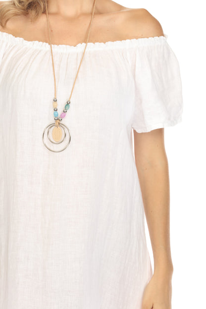 White Dress with Elastic Neck and Ruffles Hem