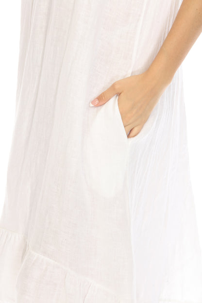 White Dress with Elastic Neck and Ruffles Hem