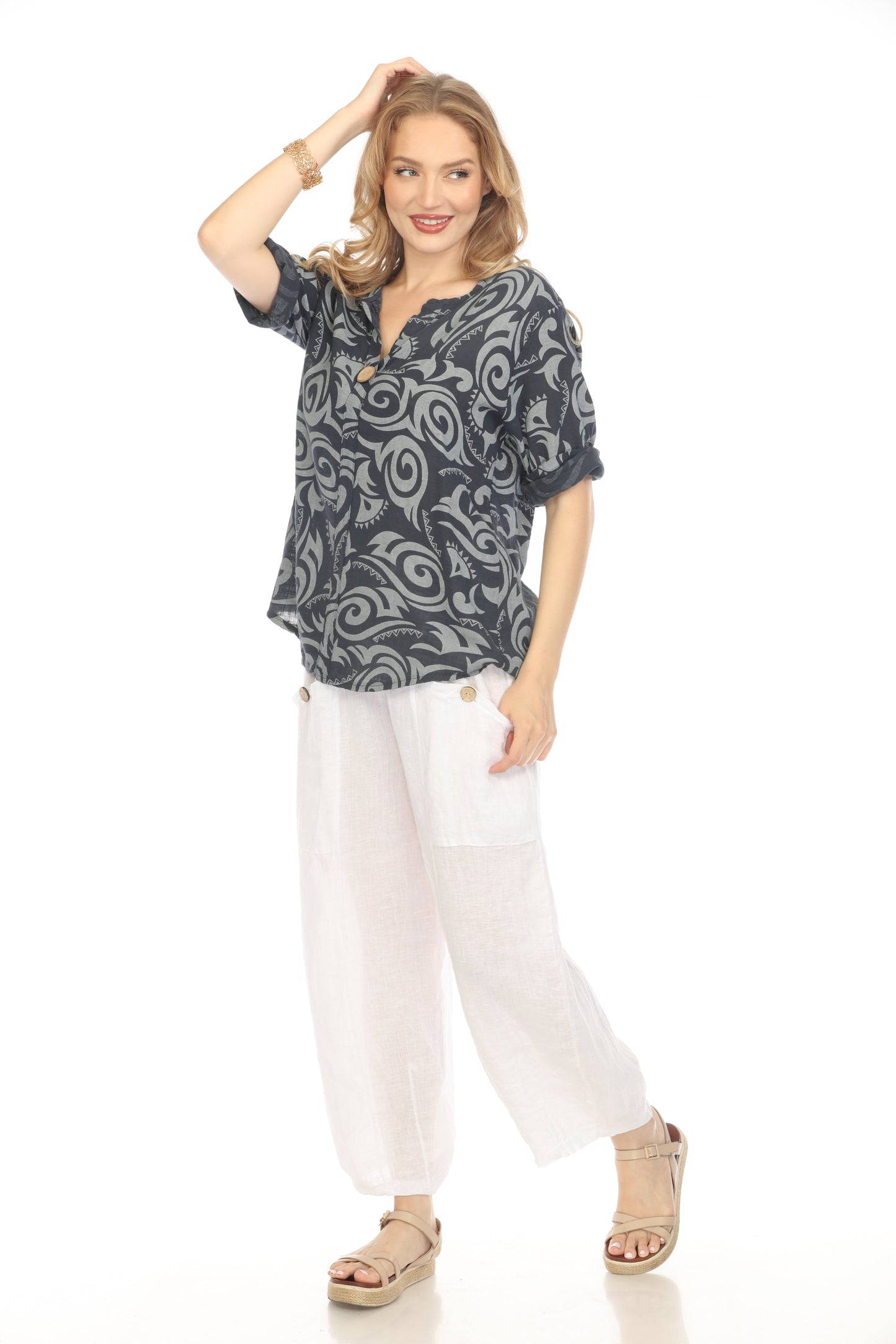 Navy Spiral Print V-Neck Button Detail Top