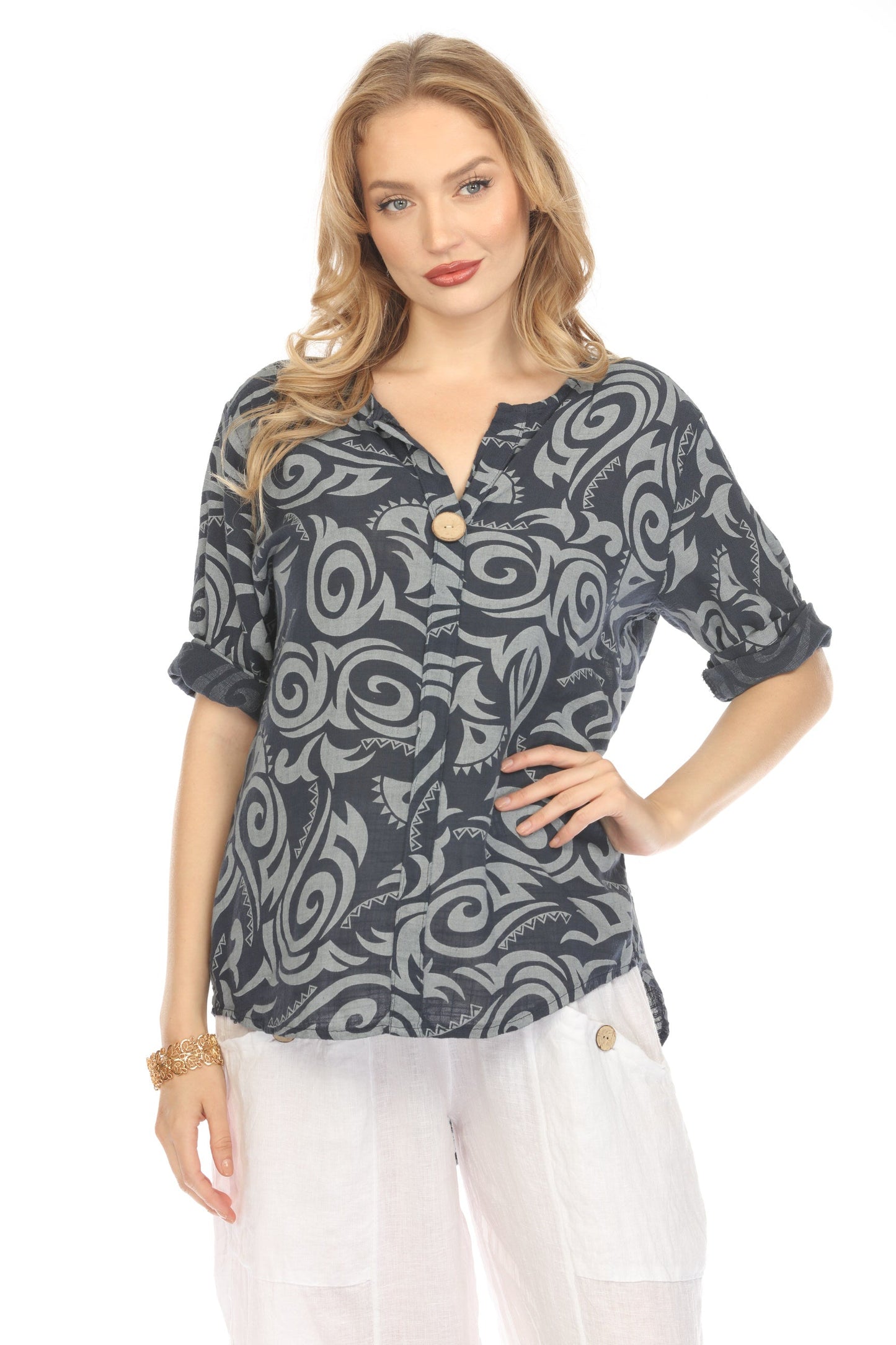 Navy Spiral Print V-Neck Button Detail Top