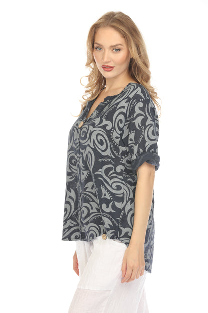 Navy Spiral Print V-Neck Button Detail Top