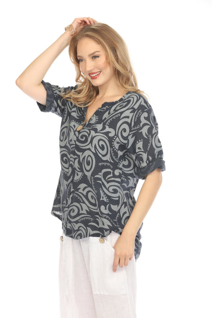 Navy Spiral Print V-Neck Button Detail Top