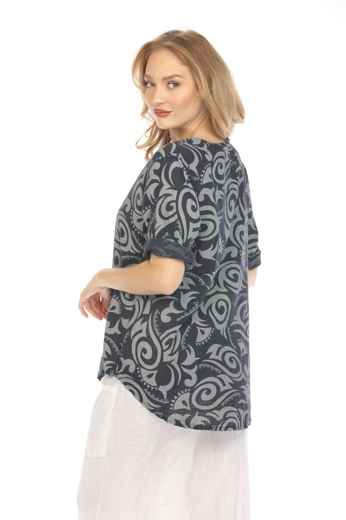 Navy Spiral Print V-Neck Button Detail Top
