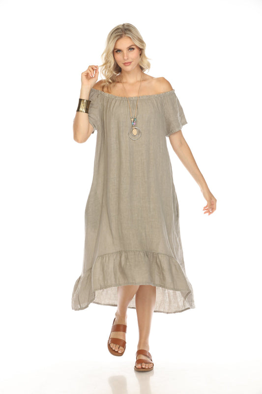 Taupe Dress with Elastic Neck and Ruffles Hem