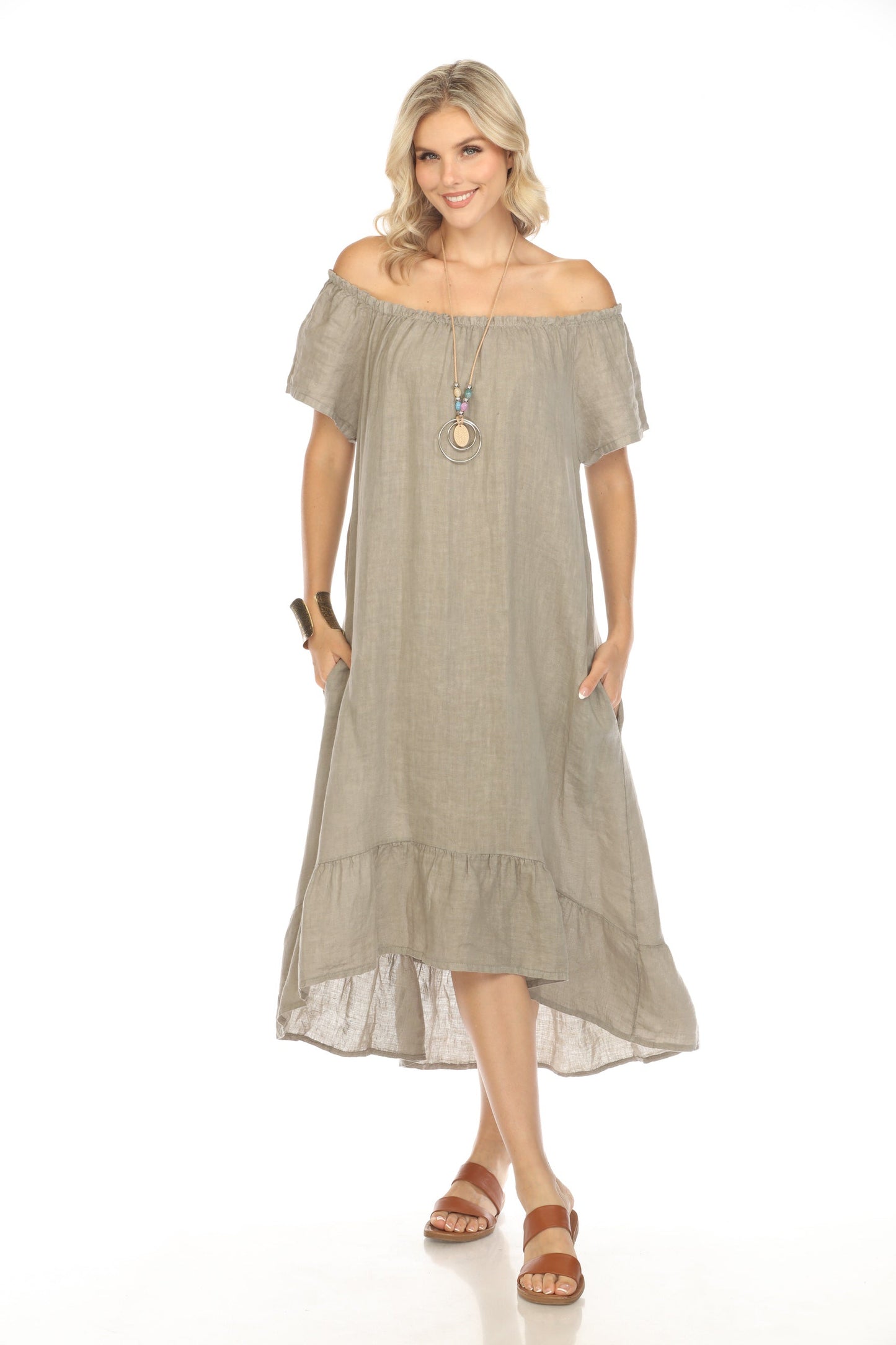 Taupe Dress with Elastic Neck and Ruffles Hem