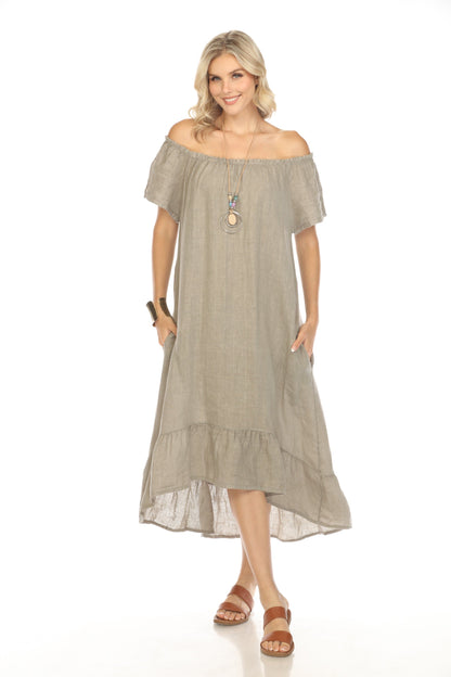 Taupe Dress with Elastic Neck and Ruffles Hem