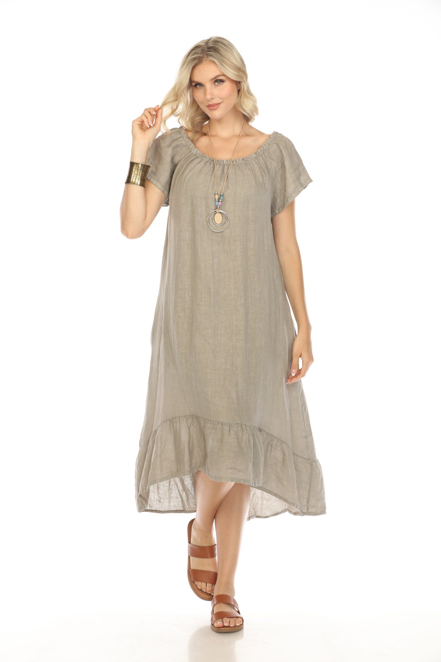 Taupe Dress with Elastic Neck and Ruffles Hem