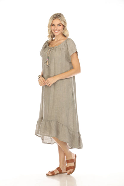 Taupe Dress with Elastic Neck and Ruffles Hem