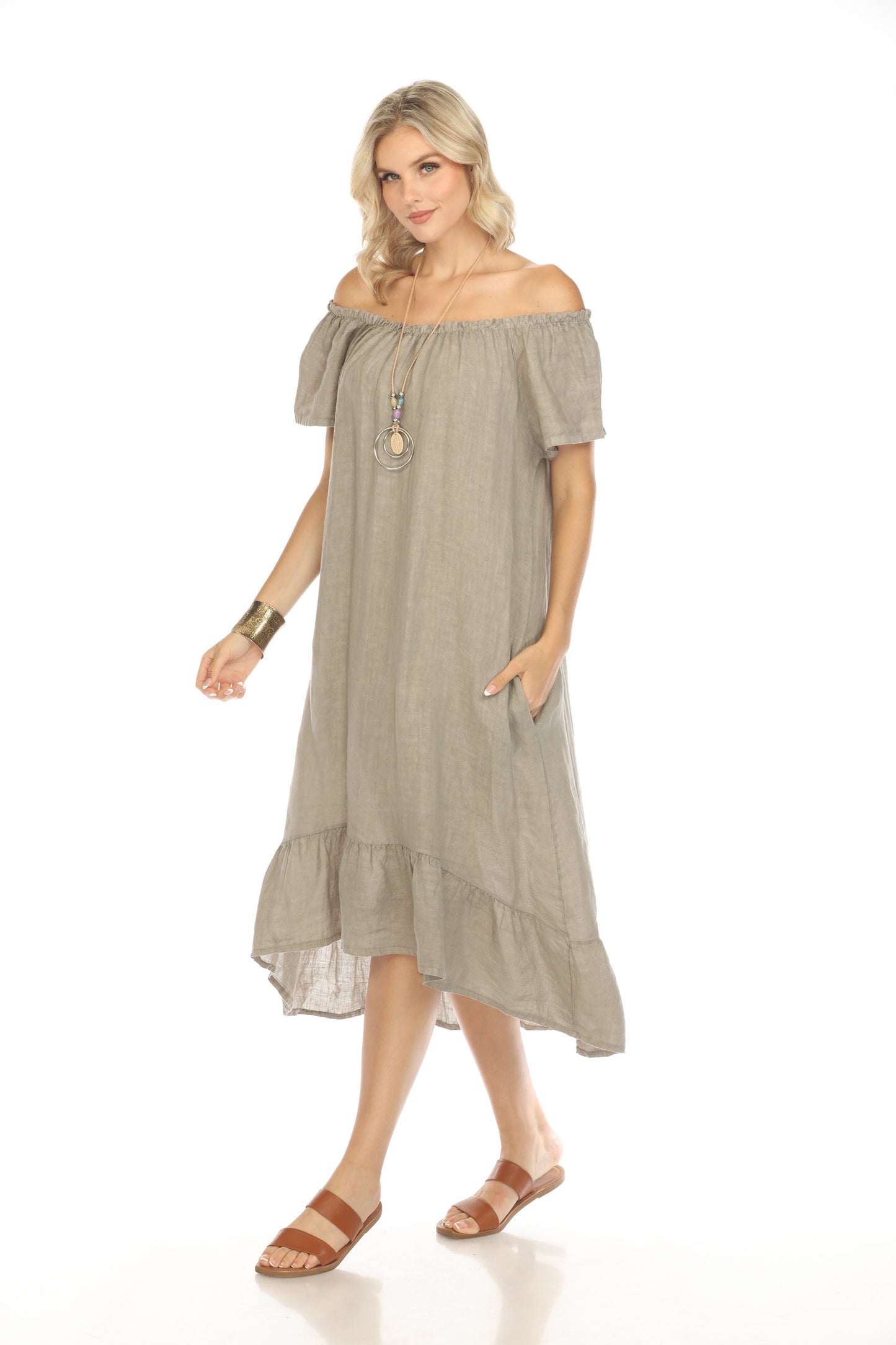 Taupe Dress with Elastic Neck and Ruffles Hem