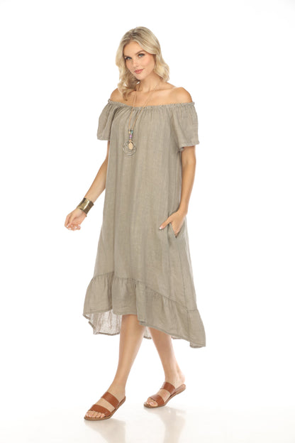 Taupe Dress with Elastic Neck and Ruffles Hem