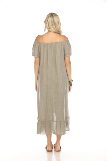 Taupe Dress with Elastic Neck and Ruffles Hem