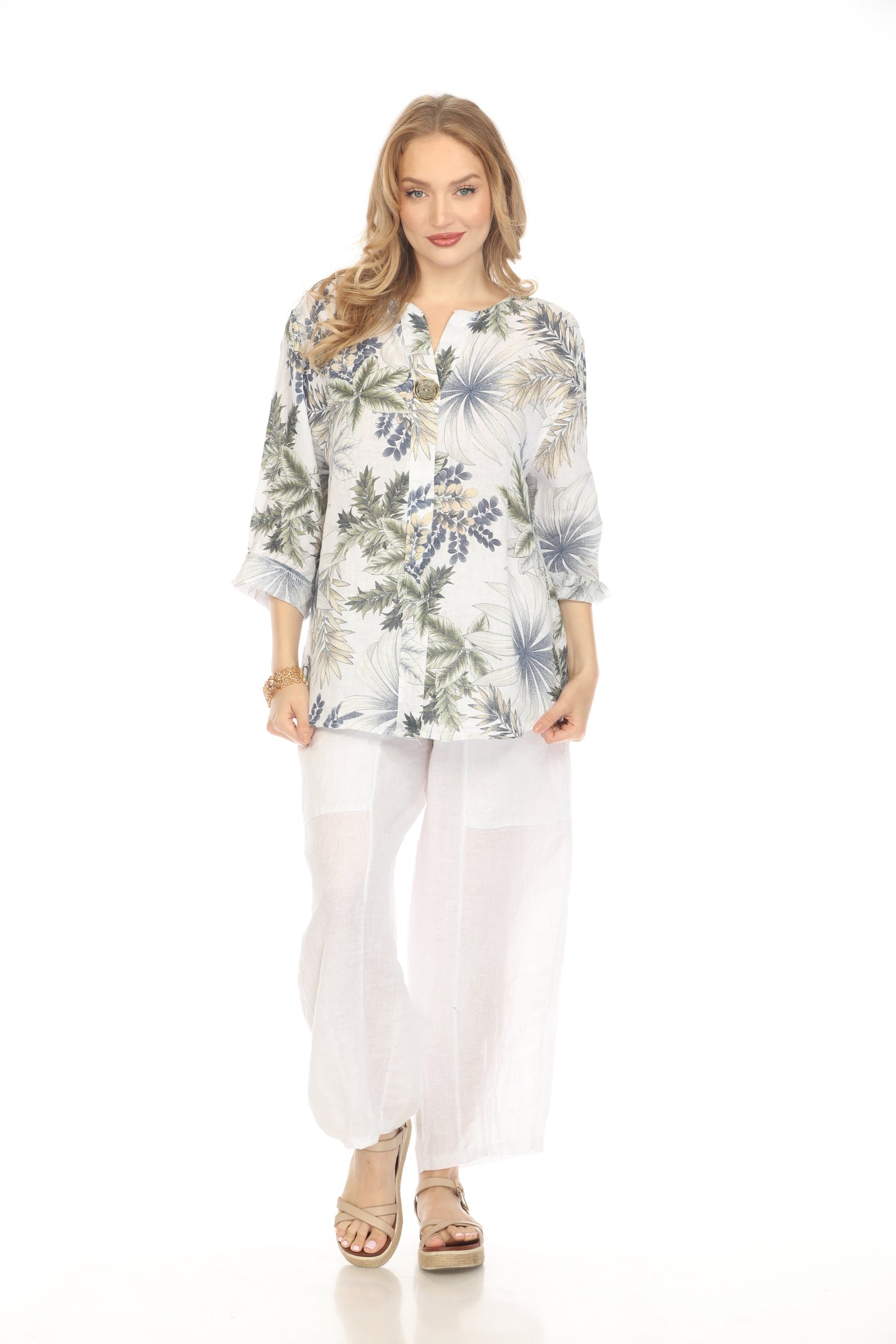 White Leaf Print V-Neck Button Top