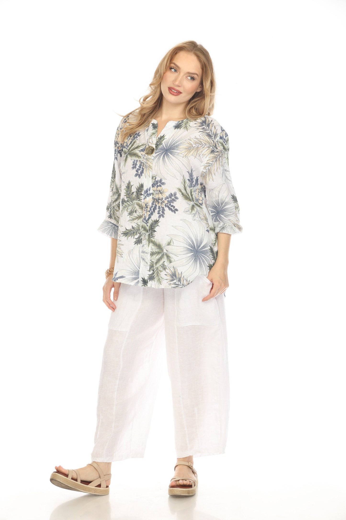 White Leaf Print V-Neck Button Top