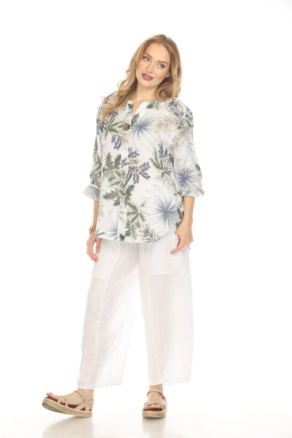 White Leaf Print V-Neck Button Top