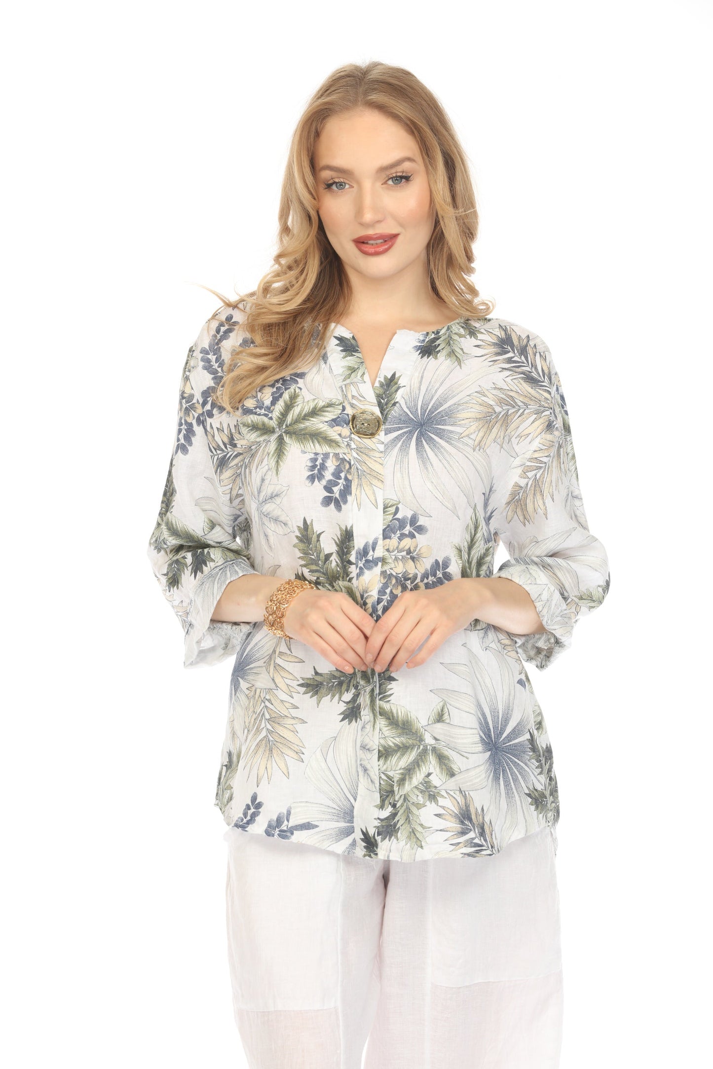 White Leaf Print V-Neck Button Top